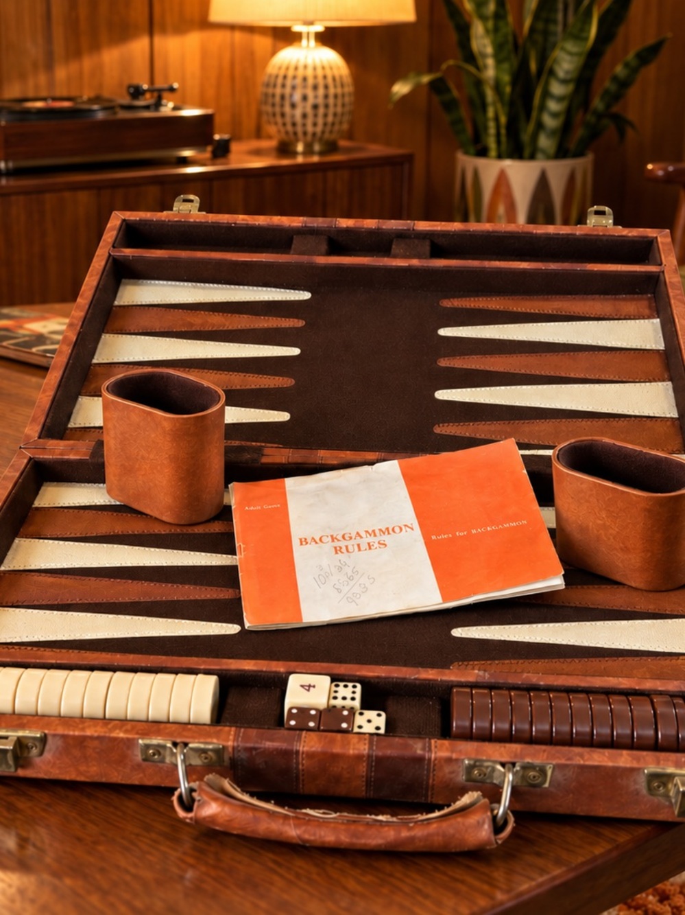 1960s Classic Brown Backgammon Set with Orange Rulebook